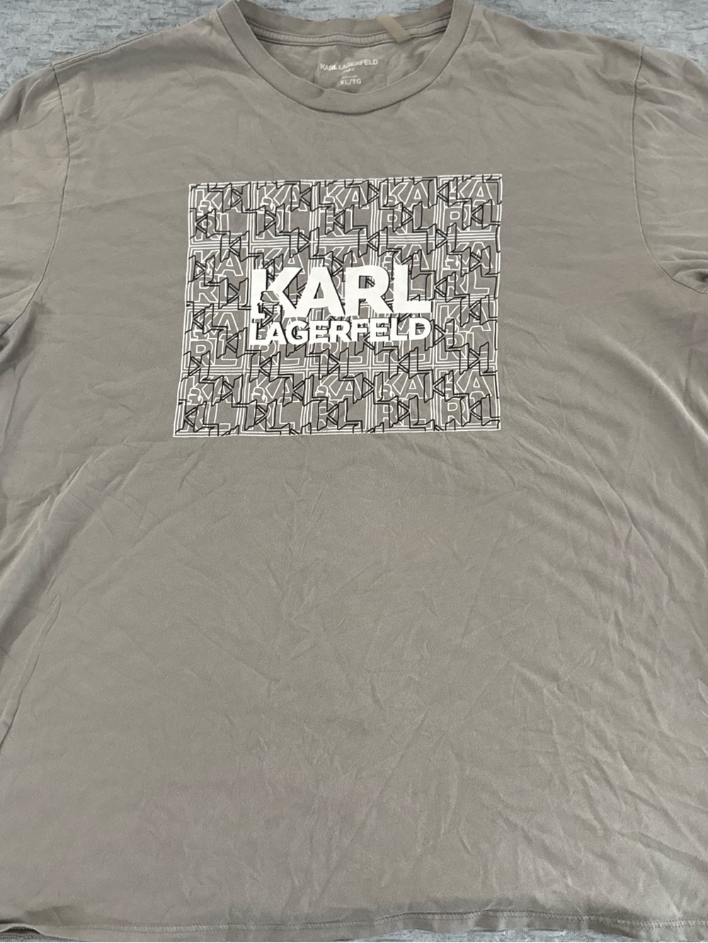 Karl Lagerfeld Taupe Short Sleeve Logo Tee with White Graphic